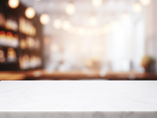 Clean and Elegant: Empty White Marble Stone Tabletop with Shelf, Against a Blurred Background. Perfect for Food and Product Display. Generative ai