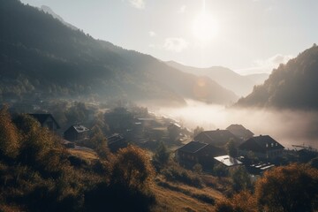 Solar panel on mountainous village with beautiful mist. Generative AI
