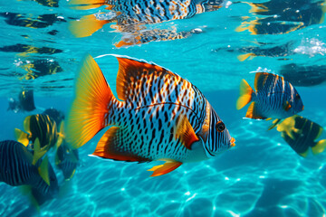 Naklejka na ściany i meble Free photo a clear blue sea colorful fish swim photography