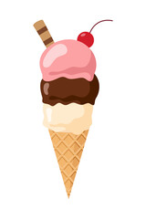 Ice Creams Flat Illustration, Sweet Tasty Desserts, Ice Cream Waffle Cones, Popsicles with Different Toppings Cartoon Vector Illustration
