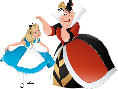 Alice from Wonderland bowing down to queen of hearts