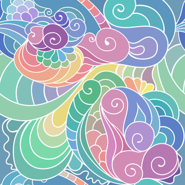Zentangle textile pattern with waves and curles. Colorful hippie style seamless texture with wavy curly ocean and mermaids style ornament.