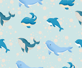 Seamless Pattern hand drawn illustration of a whale swimming in the sea on blue Background