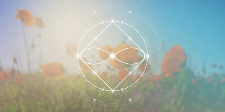 Sacred geometry spiritual new age futuristic illustration with transmutation interlocking circles, triangles and glowing particles