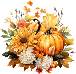 Watercolor Autumn Pumpkin Clipart, Fall Floral Leaves, Watercolor Autumn Leaves and Pumpkin Illustrations, Festive Fall Clipart, Generative AI