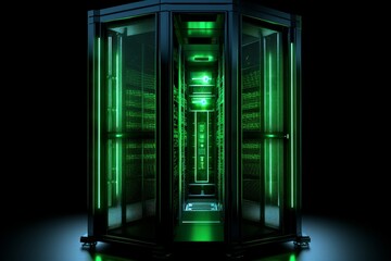 Illustration of a dark room with a green and black server, created using generative AI