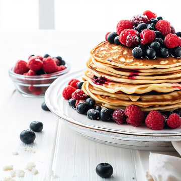 Deliciosos pancakes con sirope de fresa. Pila de tortitas con frutos del bosque. Torre de tortitas americanas con bayas rojas. Ilustraci&oacute;n creada con herramientas generativas de IA.