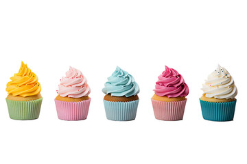 Vibrantly colored cupcakes set against a plain transparent background.