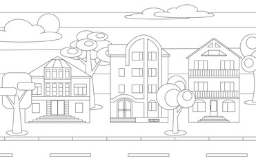 Naklejka premium City street, houses, trees. Coloring book for children and adults. Vector graphics.