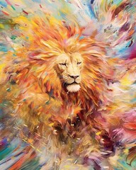 fluidity and unpredictability of watercolors by creating a dynamic and energetic lion print. bold brushstrokes and splashes of color to depict the lion's movement and power
