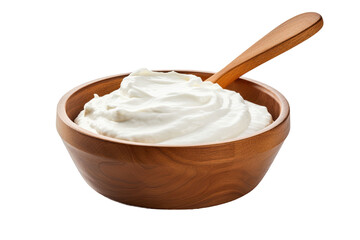 Wooden bowl and spoon containing sour cream, mayonnaise, and yogurt. The items are placed on a transparent background, and a clipping path is present. The entire scene is in focus.