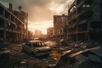 Desolate urban wasteland after an apocalypse, with technology taking over. Generative AI