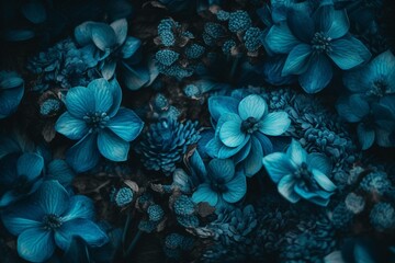 Backdrop of blue flowers. Generative AI