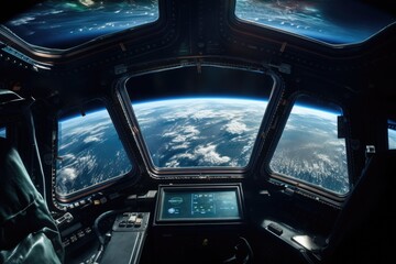 Planet earth seen from inside spaceship - Generative AI