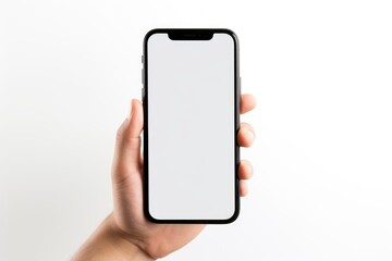 Hand holding a phone on white background - Generative AI