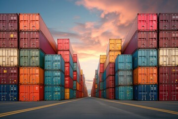 Rows of shipping containers in different colors. Transport business. Logistics import and export of goods - Generative AI - obrazy, fototapety, plakaty