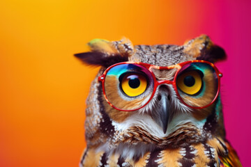 Spectacled Comedian: Owl Wearing Red Glasses - Delightful Humor Against an Orange Canvas - Generative AI
