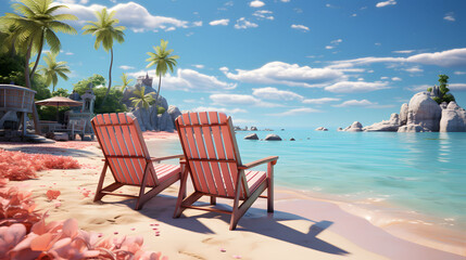 Fototapeta na wymiar Deck chair in beach, summer and vacation. Generative Ai