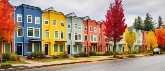 Vivid condominium or hotel with balconies, colorful stucco finish traditional private townhouses in autumn, Generative AI