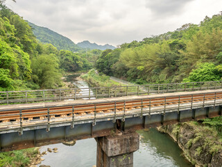 Shifen water park with railway track in natural environment, landmark near Taipei in Taiwan, summer season