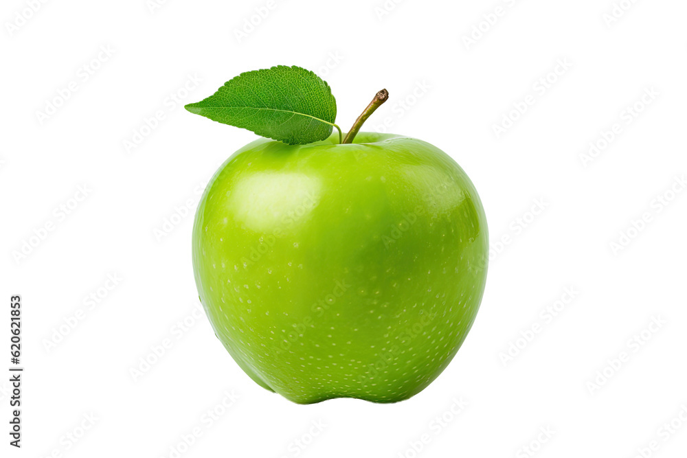 Sticker a portion of a green apple along with its green leaves is seen alone on a transparent background. th