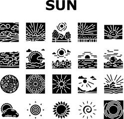 sun summer sunlight light icons set vector. sunshine element, sunrise weather, sunny heat, bright hot, shine circle sunbeam sun summer sunlight light glyph pictogram Illustrations
