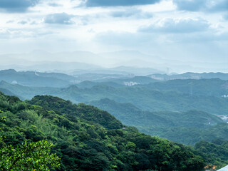 Landscape view of Jioufen (jiufen) village, mountain and sea view for viewpoint near Tea house in Taiwan. This village inpired the Ghibli animation 'Spirited Away'. 