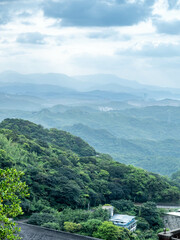 Landscape view of Jioufen (jiufen) village, mountain and sea view for viewpoint near Tea house in Taiwan. This village inpired the Ghibli animation 'Spirited Away'. 