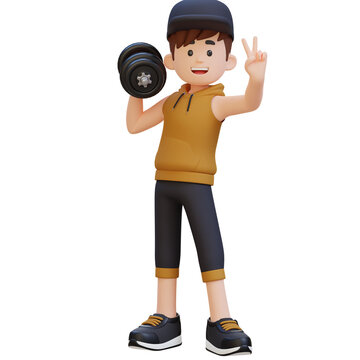 3D Sportsman Character Giving a Peace Sign While Holding Dumbbell