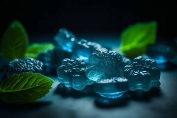 CBD gummies with blue raspberry flavor and leaf design. Generative AI