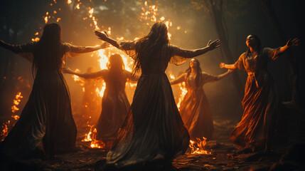 Witches dancing around fire in the forest. Ritual dance