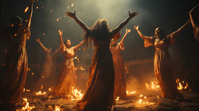 Witches dancing around fire in the forest. Ritual dance