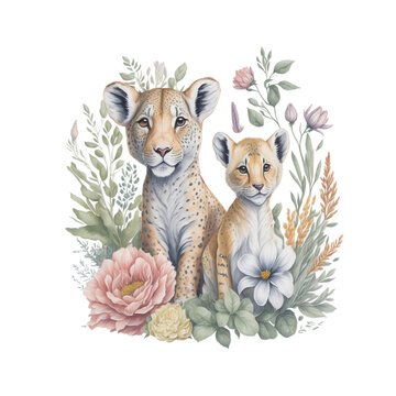 Watercolor safari animals illustration, generative ai © Andreea Eremia 