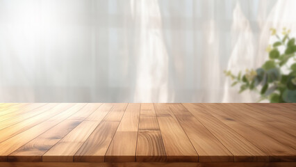 Empty wooden table for product presentation with blurred window blinds background