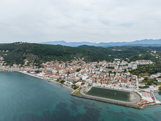 Aerial view of the town of Gythio on the east coast of the Mani Peninsula in the Peloponnese, Greece