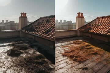 A partially cleaned rooftop displays before and after results of a roof cleaning. Generative AI