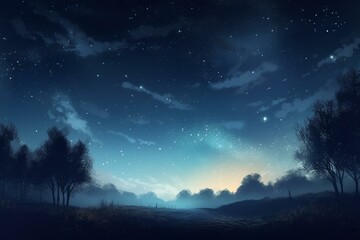Fototapeta na wymiar Illustration of blue watercolor starry sky landscape. Generative AI