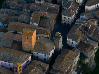 View from above, close-up view of the village of Vitorchiano at sunset. Vitorchiano is a medieval Italian village in Viterbo Province, Lazio, Italy..