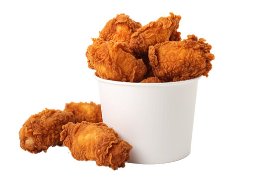 Fried chicken placed inside a paper bucket and separated from the background, Fried chicken set on a transparent background and with a clipping path.