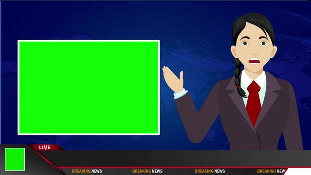 Breaking news lower third green screen display woman cartoon reporter talking animation 4k