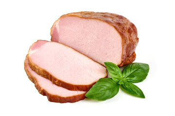 Cold smoked meat with slices, isolated on white background.