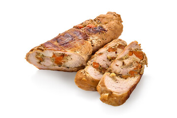 Baked meatloaf, isolated on white background.