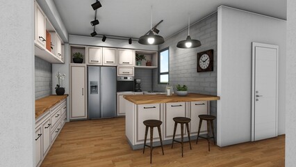 A 3D rendering of interior design for a kitchen 