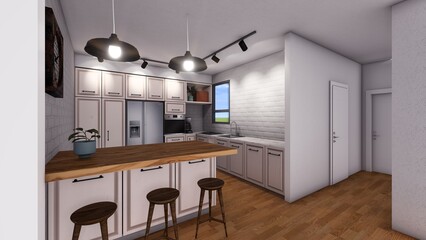 A 3D rendering of interior design for a kitchen 