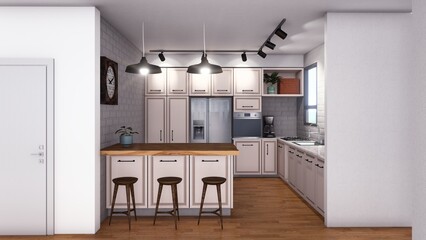A 3D rendering of interior design for a kitchen 