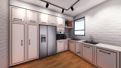 A 3D rendering of interior design for a kitchen 