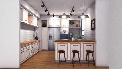 A 3D rendering of interior design for a kitchen 