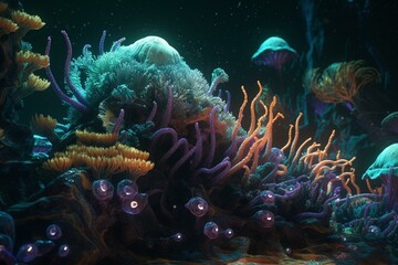 Naklejka na ściany i meble Sci-fi coral reef with digital circuit patterns, exotic alien creatures and Avatar 2 vibes. Generative AI