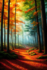 Autumn forest nature with woods, painting, Generative AI illustrations