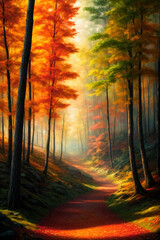 Naklejka na ściany i meble Autumn forest nature with woods, painting, Generative AI illustrations
